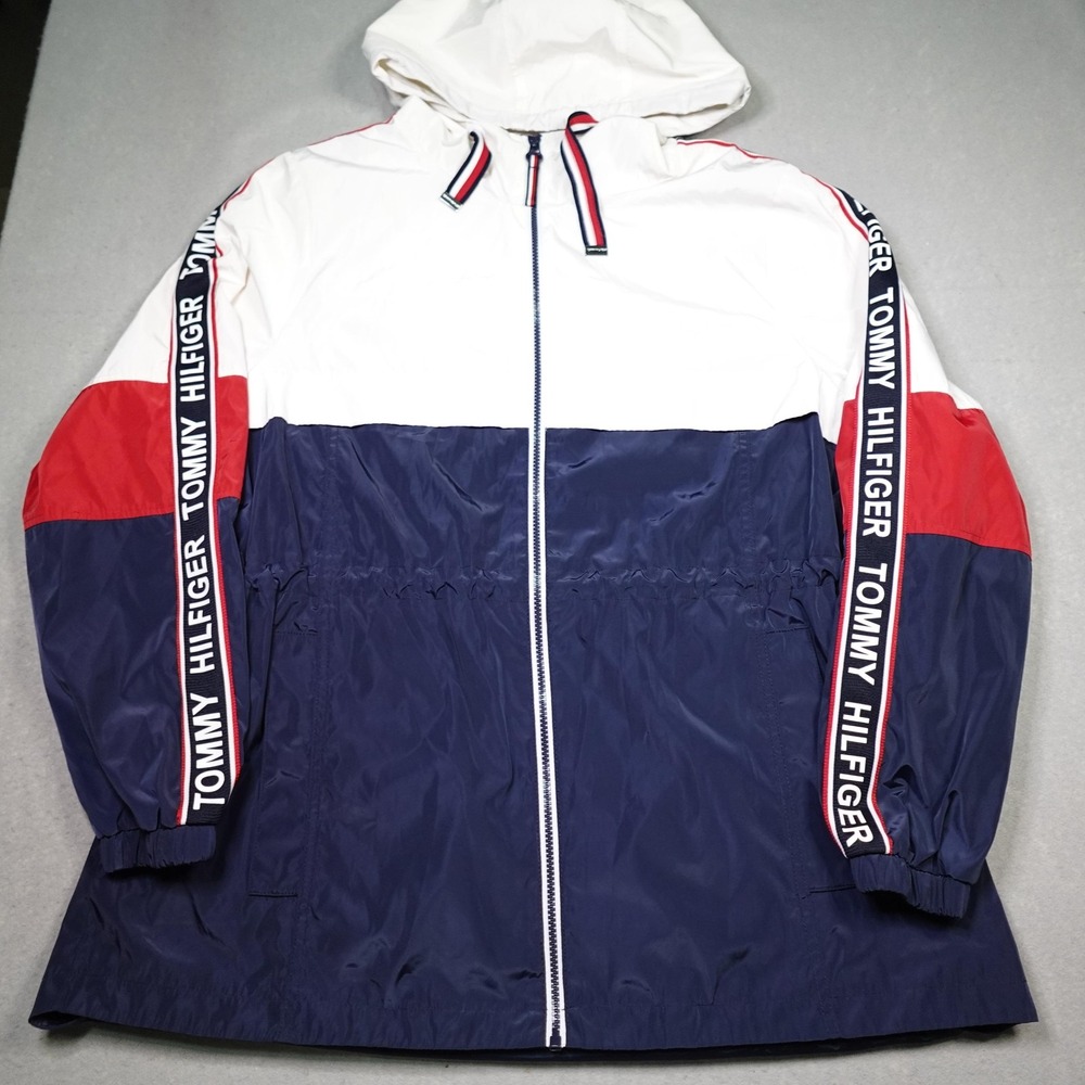 Tommy Hilfiger Jacket Womens Large White Navy Red Hooded Windbreaker Logo Tape